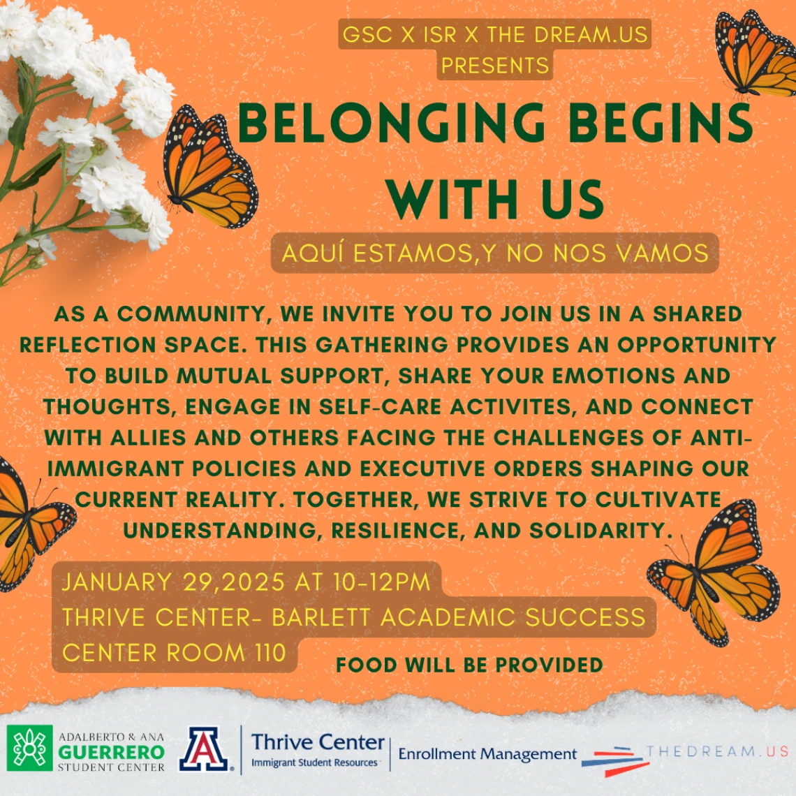 Orange background with white specks, white flowers top left corner, image of butterfly bottom left. Green text that reads "belonging begins with us". Description of event below it,
