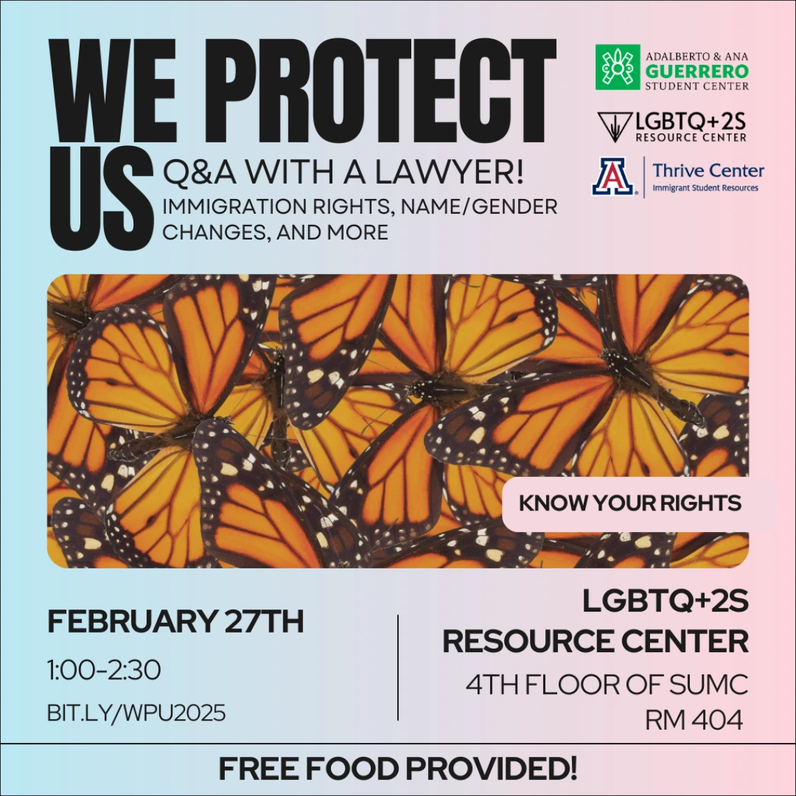 light blue and pink background, images of monarch butterflies in the center. 