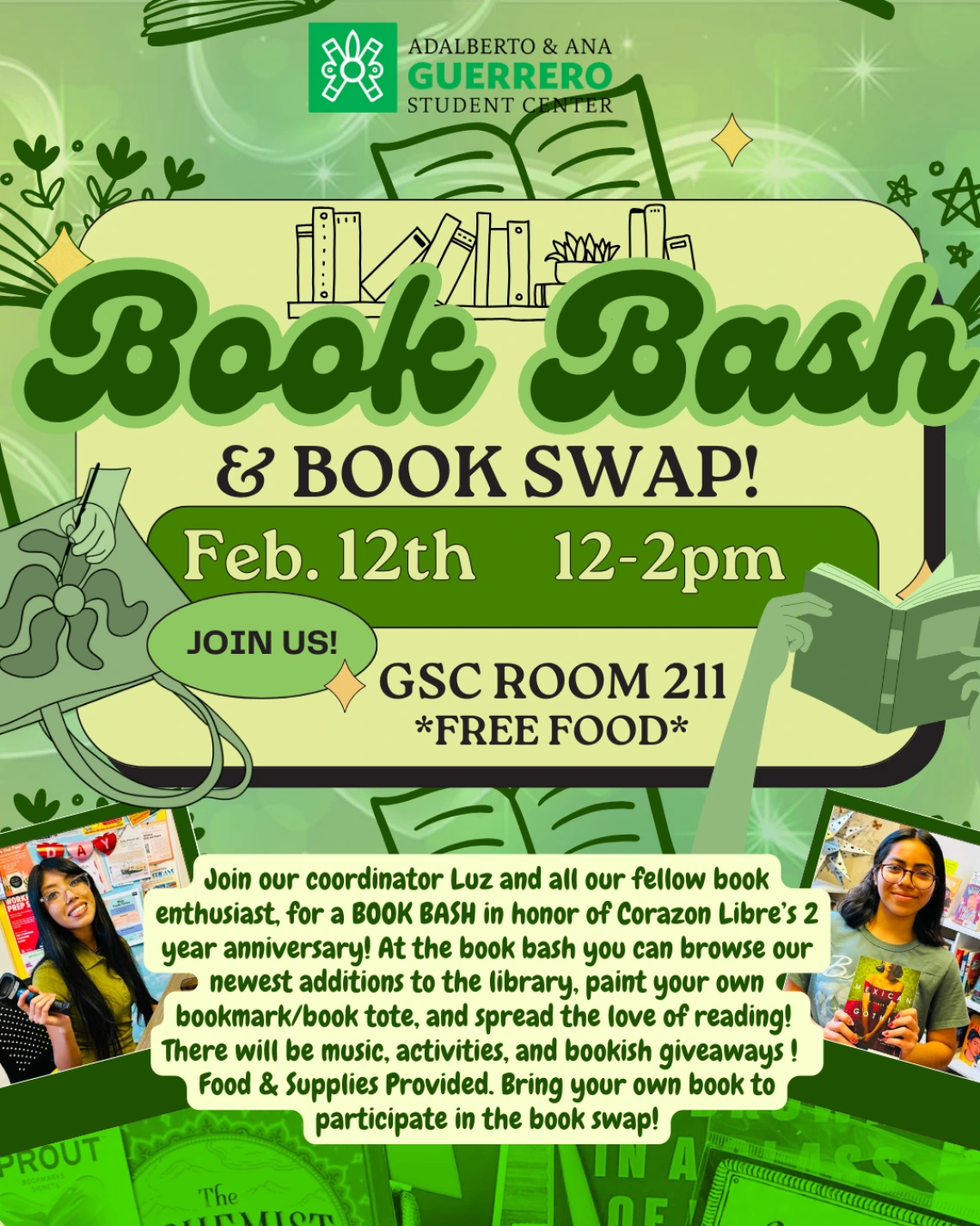 Green background, images of books, stars, totes in the background. 2 polaroids on the corners. Description in the center of flyer with event information.