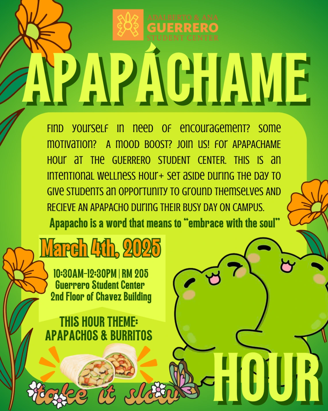 Green background, image of 2 frogs hugging each other on bottom right corner. Orange flower on top left corner and bottom left and bottom right corner. Image of 2 burritos at the bottom.