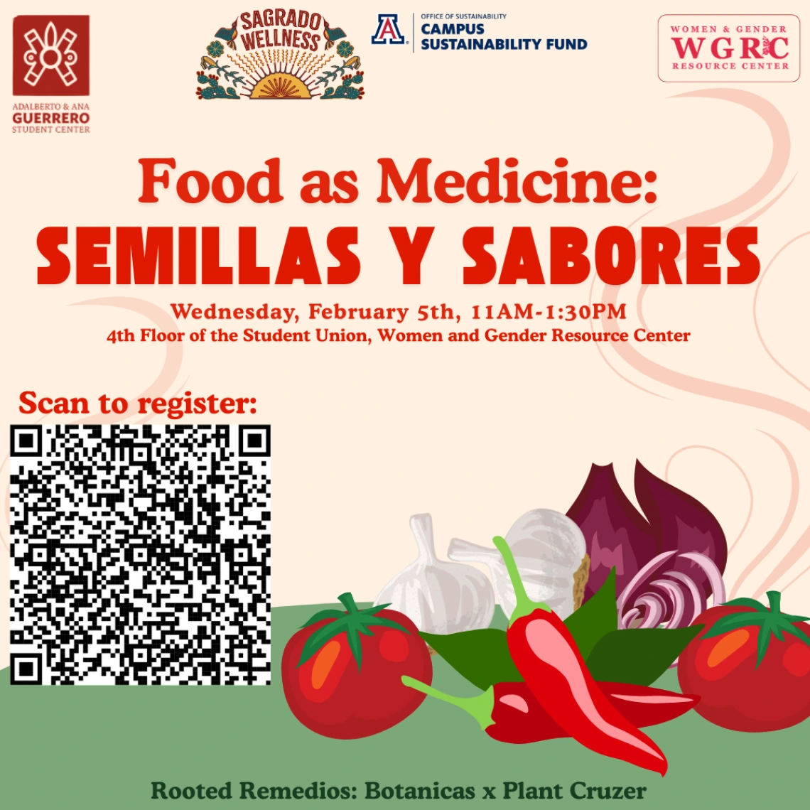 Light beige background with images on the bottom right of tomatoes, garlic, chili peppers, onion. Green banner at the bottom. A QR code to register.