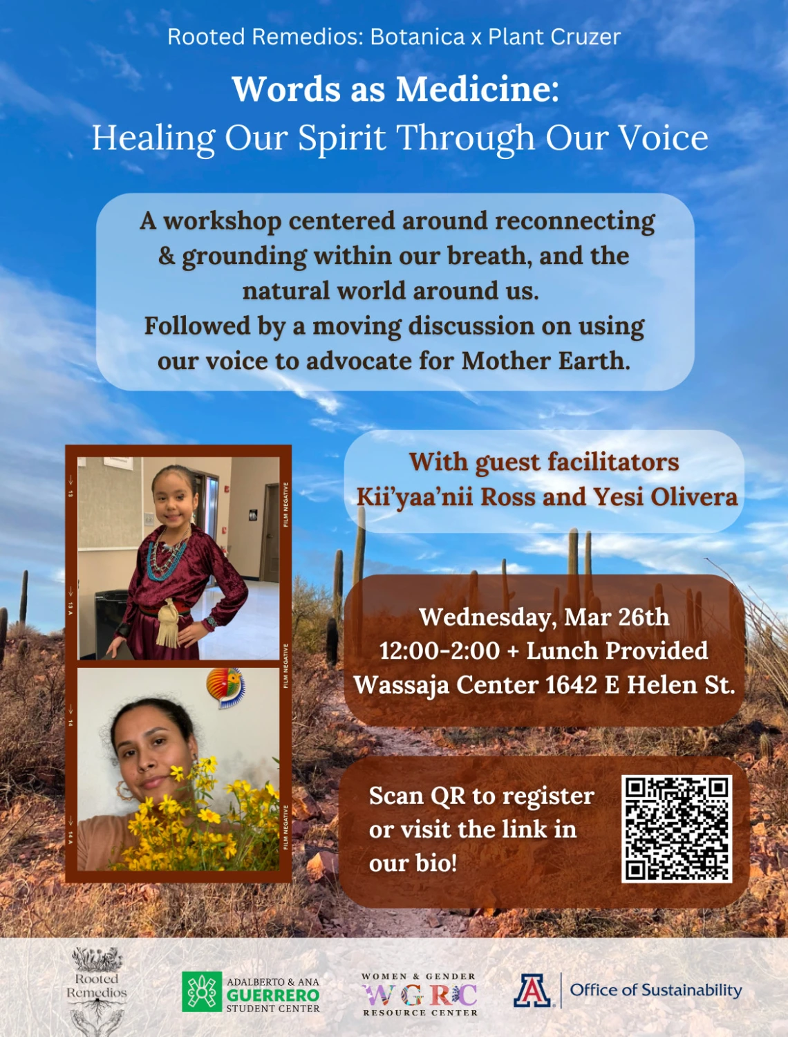 Flyer that shows 2 facilitators, image of the desert (blue sky, saguaros, a desert trail).