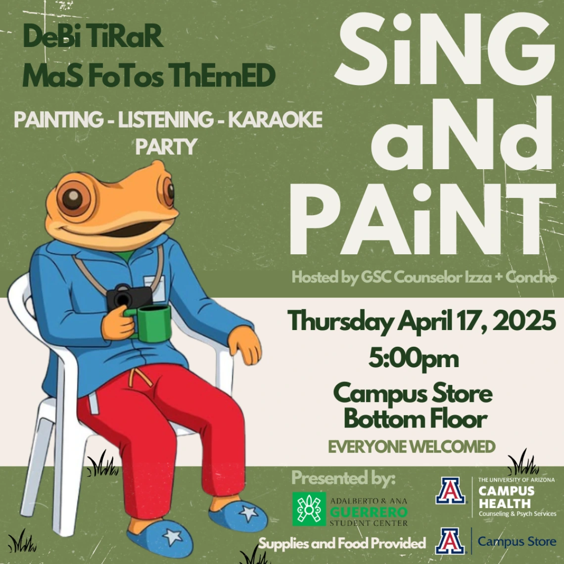 Image of a frog/person sitting in a white chair, wearing a blue sweater, red pants, holding a coffee mug.