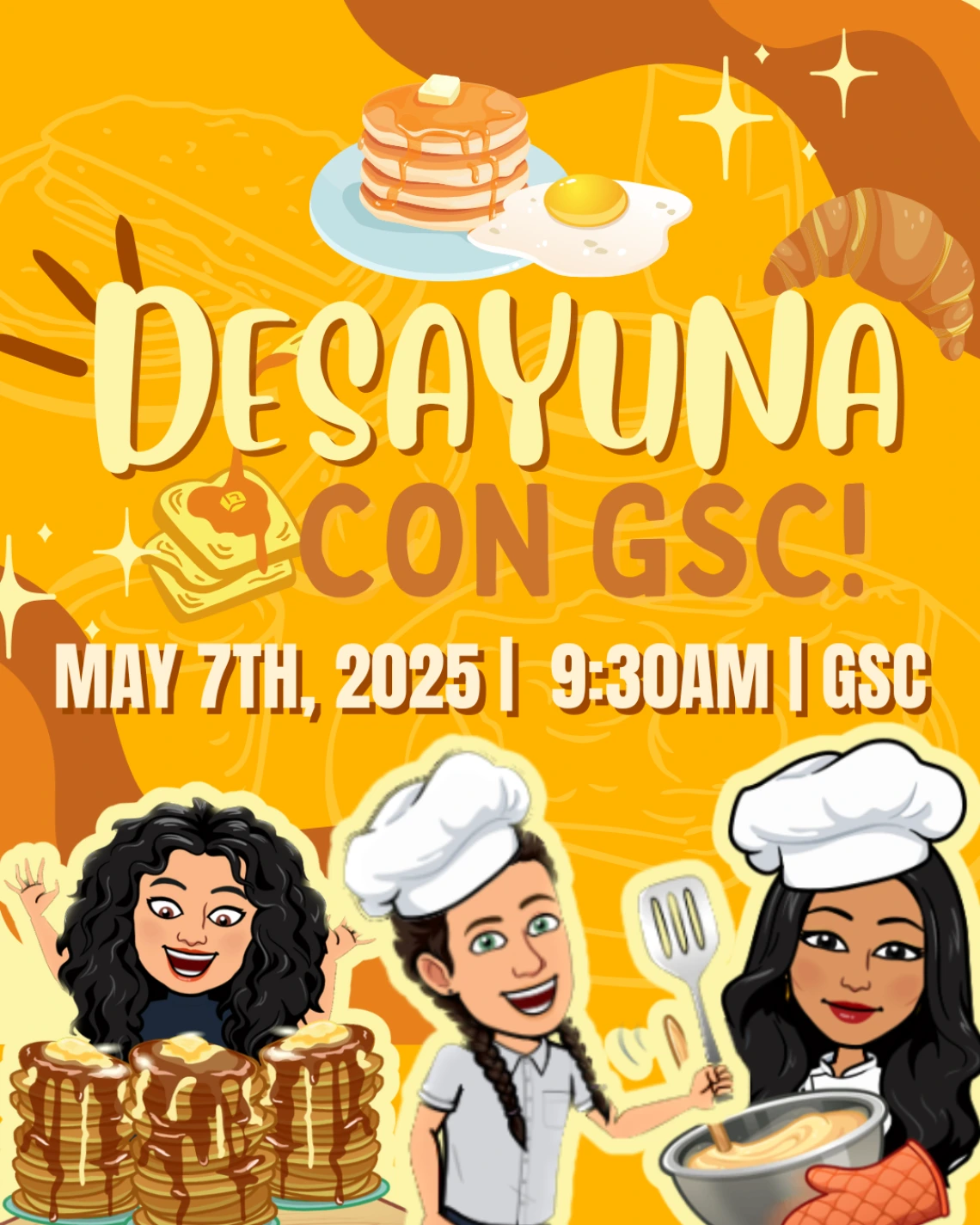Yellow background with images of pancakes, eggs, and croissants. Light yellow and orange text, 3 bitmoji images of people cooking.