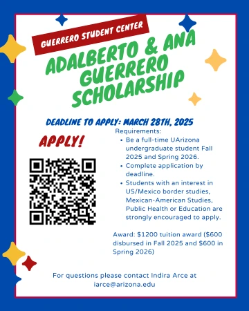 Blue and white flyer, text in the middle with information on scholarships. 