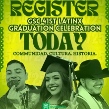 Register Today! Green and yellow background with flowers bordering frame. Images of 3 graduating students. 